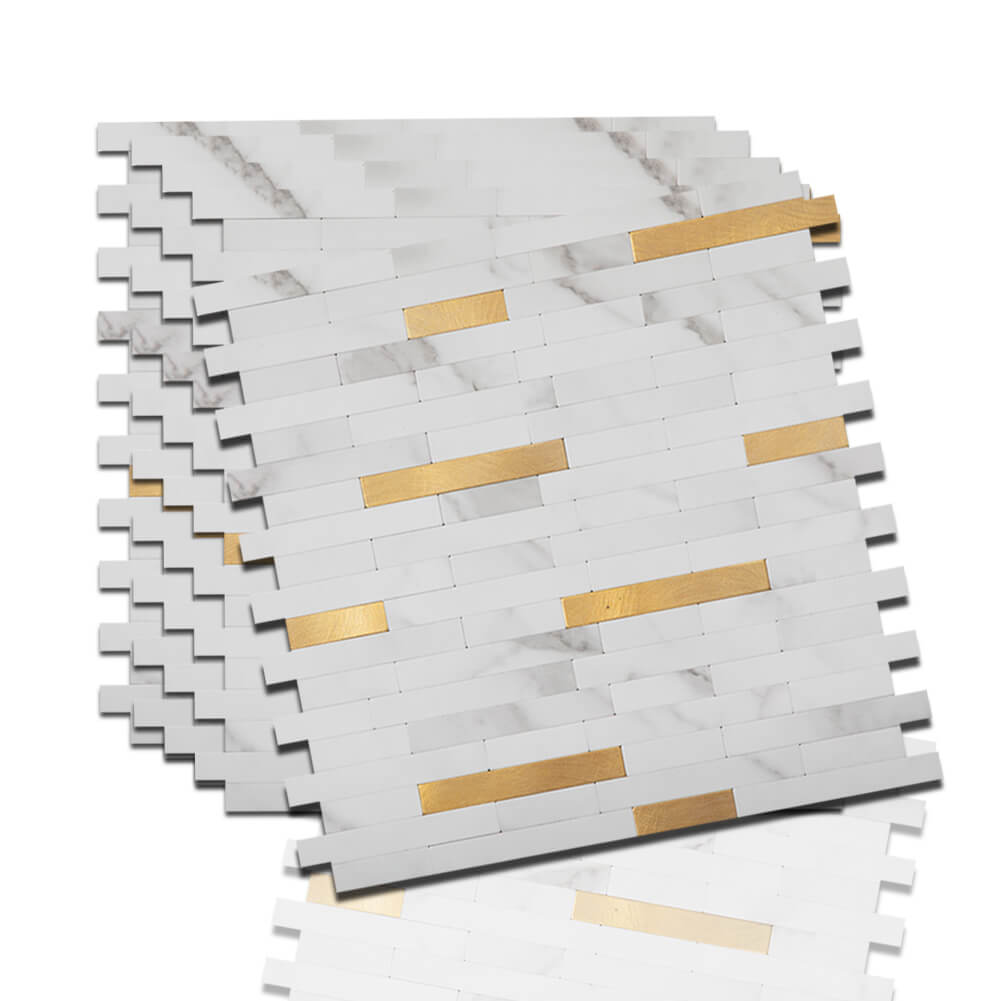 Peel and Stick Backsplash Tile 5 Sheets White Marble Stone with Gold Metal Strip Mosaic Wall Decor Sticker